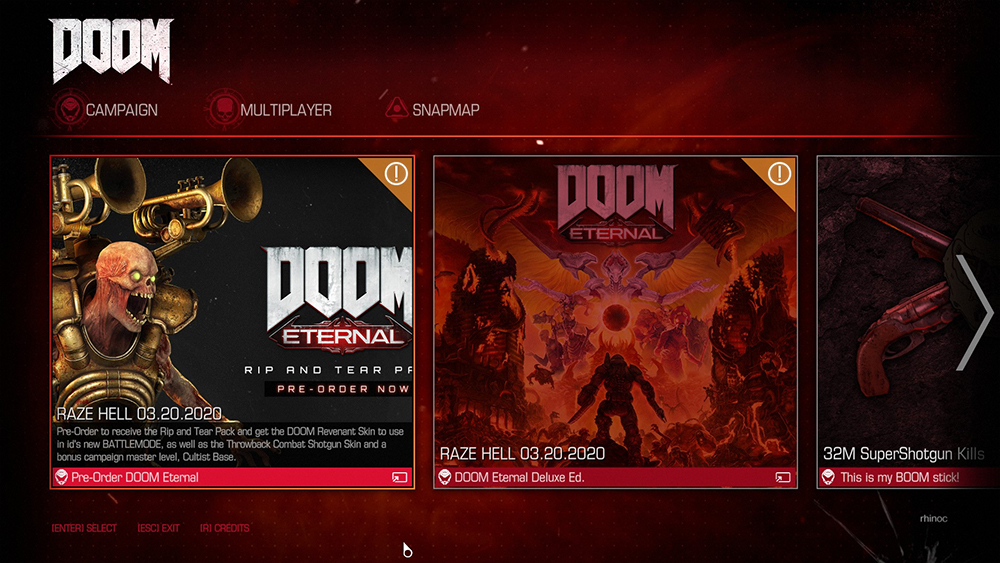 둠 DOOM 2016 게임 시작 메뉴